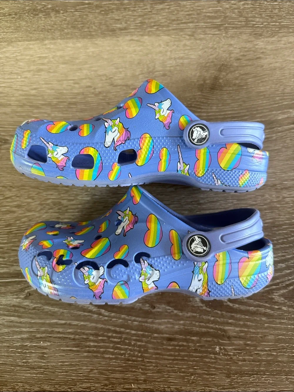 CROCS Kids clogs - Purple with Rainbow Hearts & Unicorns size 1 Junior
